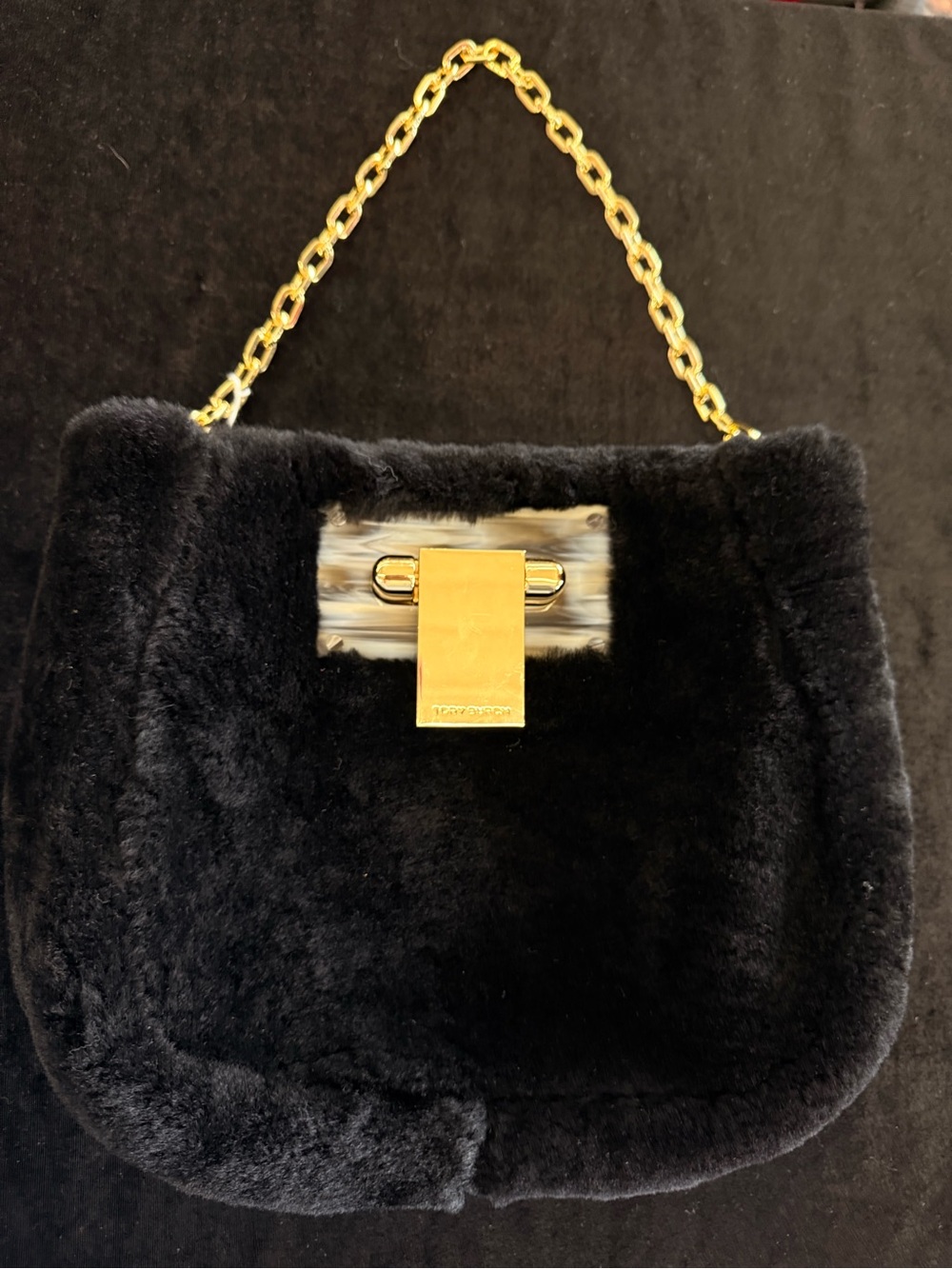 Tory Burch Black Faux Fur Shoulder Bag with Gold Chain